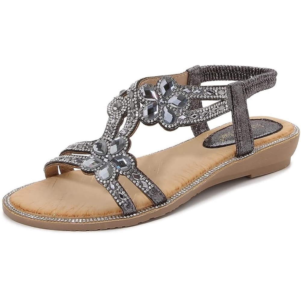 Yicornchen Women's T-Strap Beaded Flower Rhinestone Flat Sandals Dress Beach